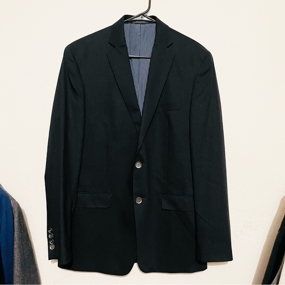 Calvin Klein Two Button 100% Wool Long Sleeve Blazer Suit Jacket Size 40 Black